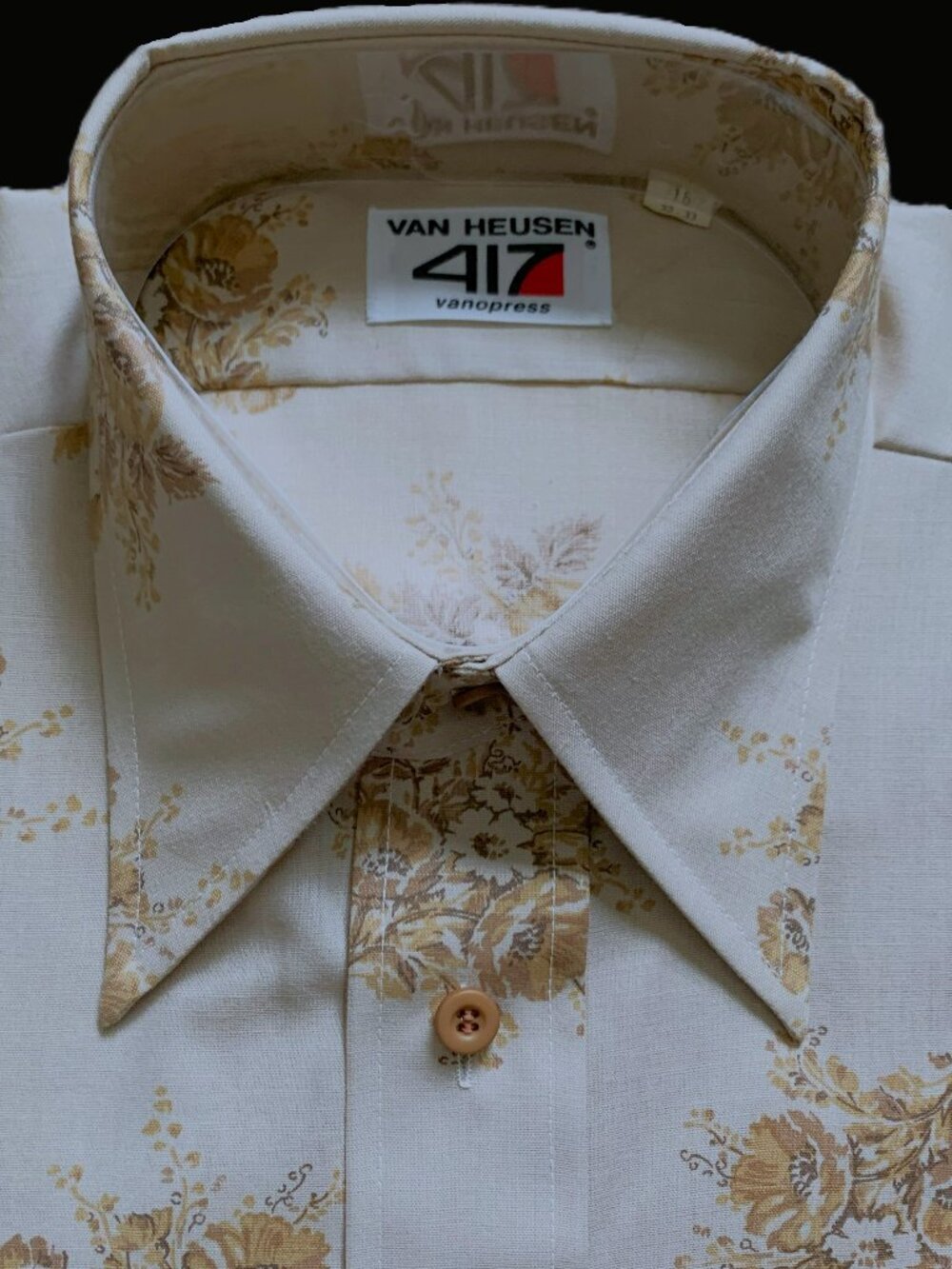 1970 Van Huesen Vanopress 417 Men's 16/33 Shirt Gold-Tan Floral Disco Cowboy NOS - Picture 7 of 11